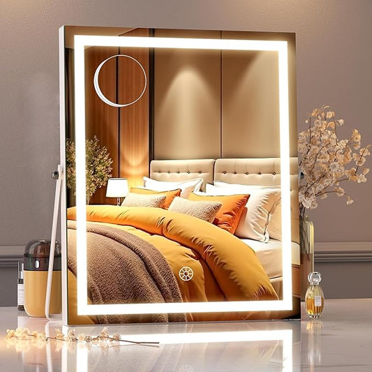 MINISO Vanity Mirror with Lights, 11.4" x 13.8" LED Makeup Mirror, Light & Brightness Adjustment, Smart Sensor, 360°Rotation, Aluminum Alloy Metal White Frame, with 5X Magnifying Glass