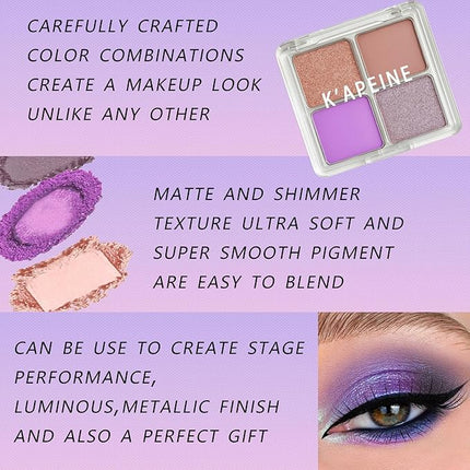 K'APEINE 4-Color Eyeshadow Palette, Purple Eyeshadow Quad Natural Matte Eyeshadows Makeup Palette Highly Pigmented Long-Lasting for Women Girls Party,Music Festival, Stage Performance,Appointment