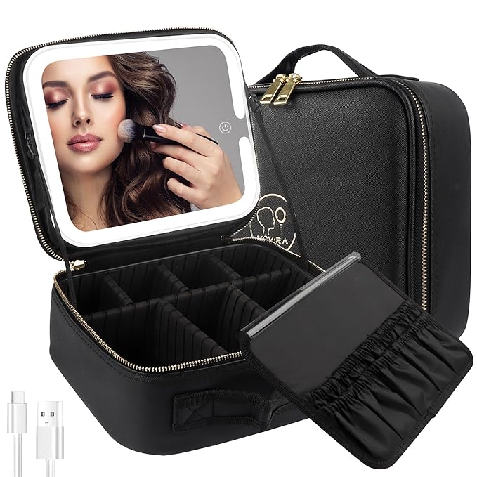 MOMIRA Travel Makeup Bag Cosmetic Bag Makeup Organizer Bag with Large Lighted Mirror 3 Color Scenarios Adjustable Brightness, Waterproof Makeup Travel Case, Large Makeup Train Case Toiletry Gift