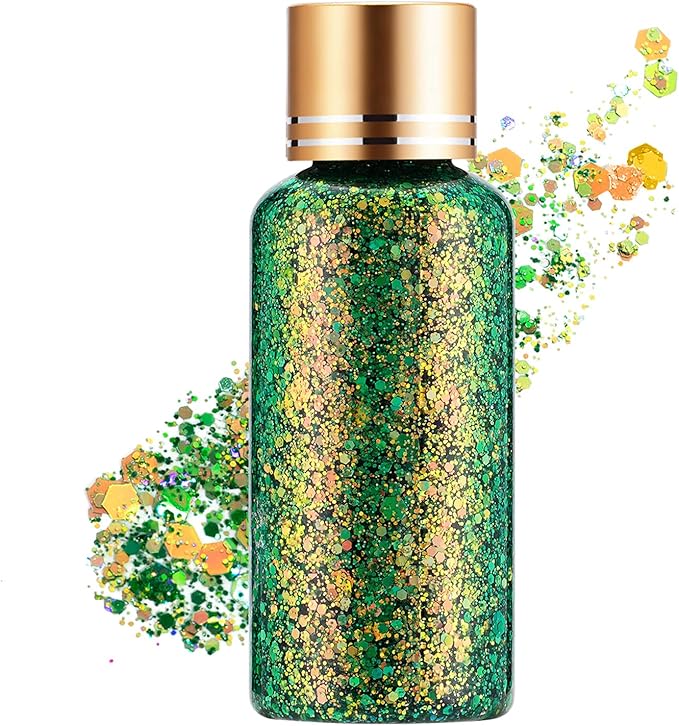 Green Gold Face Body Hair Glitter Gel for St. Patrick's Day Mardi Gras Festival Rave Accessories, Long Lasting Holographic Chunky Mermaid Sequins Glitter Gel Makeup for Women Men Kids, 1oz