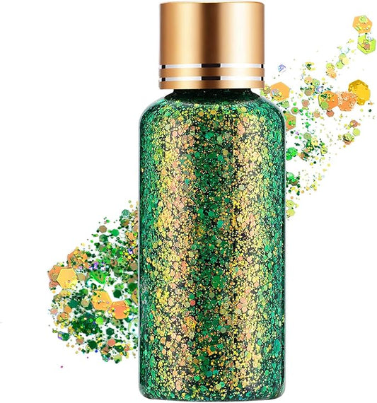 Green Gold Face Body Hair Glitter Gel for St. Patrick's Day Mardi Gras Festival Rave Accessories, Long Lasting Holographic Chunky Mermaid Sequins Glitter Gel Makeup for Women Men Kids, 1oz