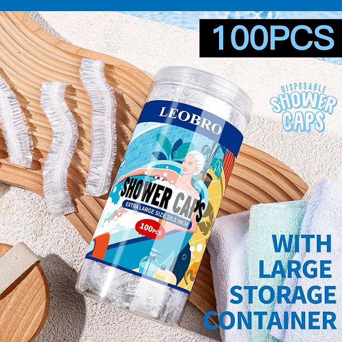 LEOBRO Large Disposable Shower Cap, 100PCS Shower Cap, Plastic Shower Caps for Women Disposable, Clear Thick Plastic Caps for Hair Treatment, Large Size 20.5 INCH