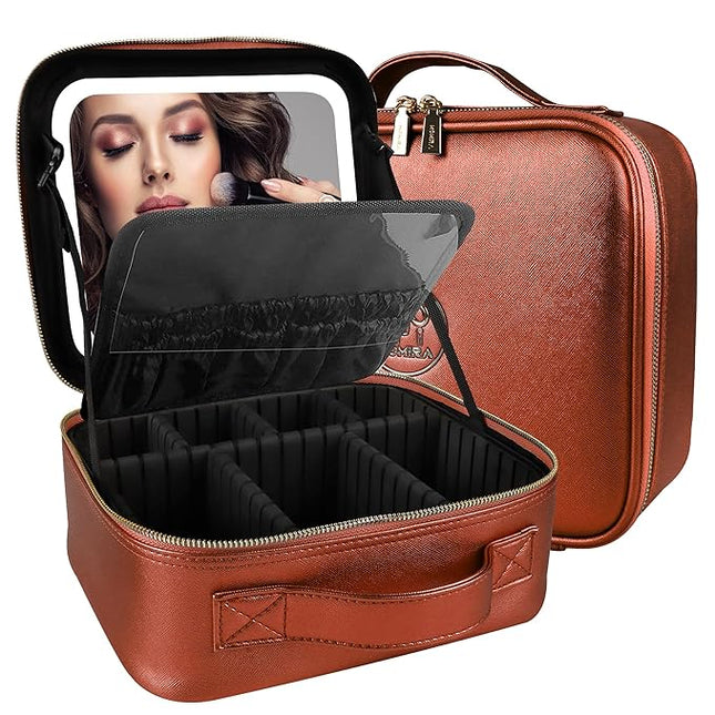 MOMIRA Travel Makeup Bag Cosmetic Bag Makeup Organizer Bag with Lighted Mirror, Adjustable Brightness in 3 Color Scenarios, Waterproof Makeup Train Case, Gift for Women - Brilliant Orange