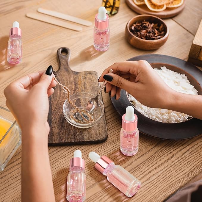 100 Pcs Mini Glass Oil Dropper Bottle Bulk, Clear Essential Small Empty Bottles Sample Containers Perfume Liquid Vials with Cap for Traveling (15 ml,Rose Gold)