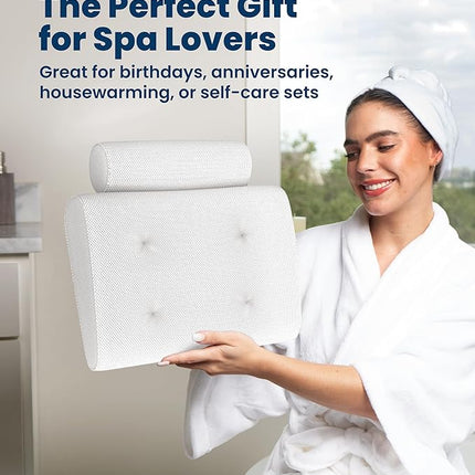 Everlasting Comfort Luxury Bath Pillows for Tub with Head and Neck Support - Non-Slip Bathtub Pillow with Suction Cups, Quick-Drying Mesh & Drying Hook - Jacuzzi & Spa Accessories for Women - White