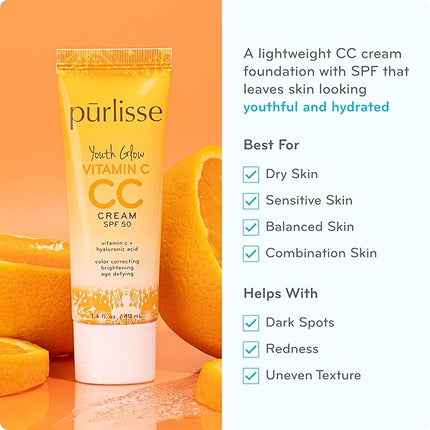 pürlisse Youth Glow Vitamin C CC Cream with SPF 50 - Color Corrector Enriched with Sea Buckthorn, Vitamin C & Hyaluronic Acid - Boosts Radiance & Youthfulness - Paraben-Free - Fair (1.4 oz)