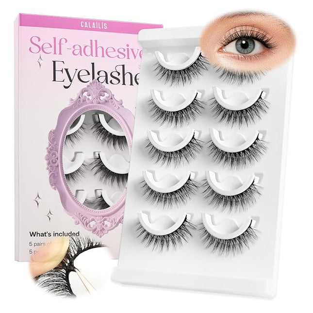 CALAILIS Self Adhesive Eyelashes 5 Pairs Natural Look Press On Lashes No Glue Need Eyelashes Reusable Cat Eye Wispy Self-adhesive False Lashes with Replacement Adhesive Strips (CX49)