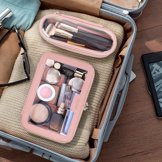 Travel Clear Makeup Bag with Makeup Brush Bag, Leather Makeup Case Toiletry Bag, Portable Cosmetic Bag Case, Transparent Waterproof Cosmetic Organizer Storage Bag for Women, Medium, Pink