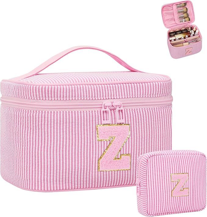 MONSTINA Personalized Initial Makeup Bag with Brush Holder and Divider for Women,Make Up Case for Girlfriend Bridesmaid Wife,Birthday Gift for Her Cute Toiletry Bag,2PCS,Pink Z