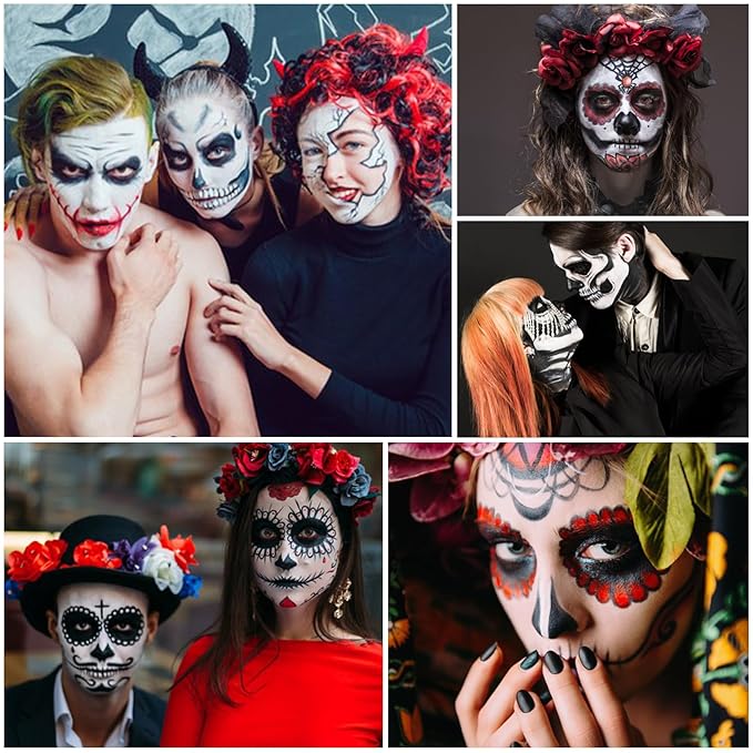 Black White Face Body Paint Professional Water Based Activated Body Face Paint Washable Halloween Makeup Palette Kit for Halloween Skeleton Vampire Zombie Goth SFX Special Effects Makeup