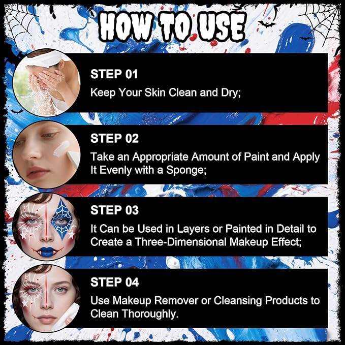 Face Body Paint, Pinturas Para Halloween Full-coverage Multi-Color Cream Makeup Body Paint for Adult Halloween Cosplay SFX Makeup Paint Halloween Cosplay Costume Party, Red+white+Blue 30g*3