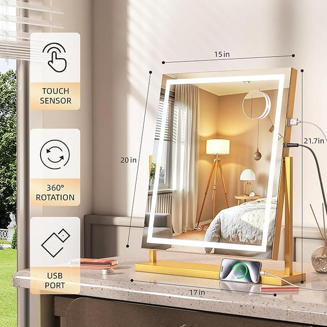 Hasipu Vanity Mirror with Lights, 17" x 22" LED Makeup Mirror with Smart Touch 3 Color Modes and Brightness Adjustment, 10X Magnifying,360° Rotation(Gold)