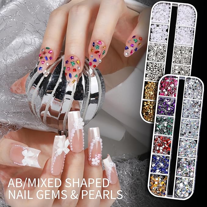 Teenitor Nail Charms and Gems Nail Art Tools, 6 Boxes 3D Nail Gems with 15 Sheets Nail Stickers for Nail Art, Flower Nail Stickers Nail Rhinestones Nail Supplies, Nail Pearls Nail Stuff Nail Decor