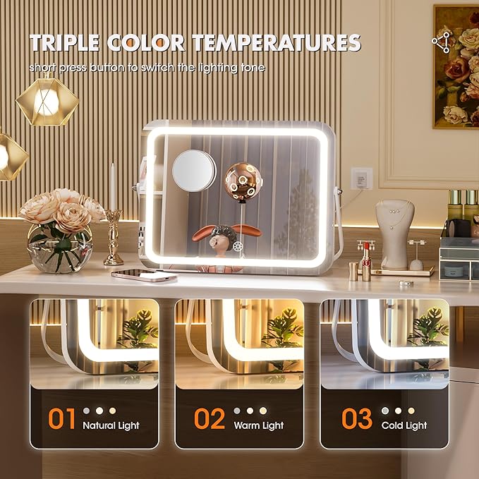 Hasipu Vanity Mirror with Lights, 16" x 12" LED Makeup Mirror, 3 Modes Light, Smart Touch Control Dimmable, 360°Rotation, Rectangle White Frame, with 5X Magnifying Glass