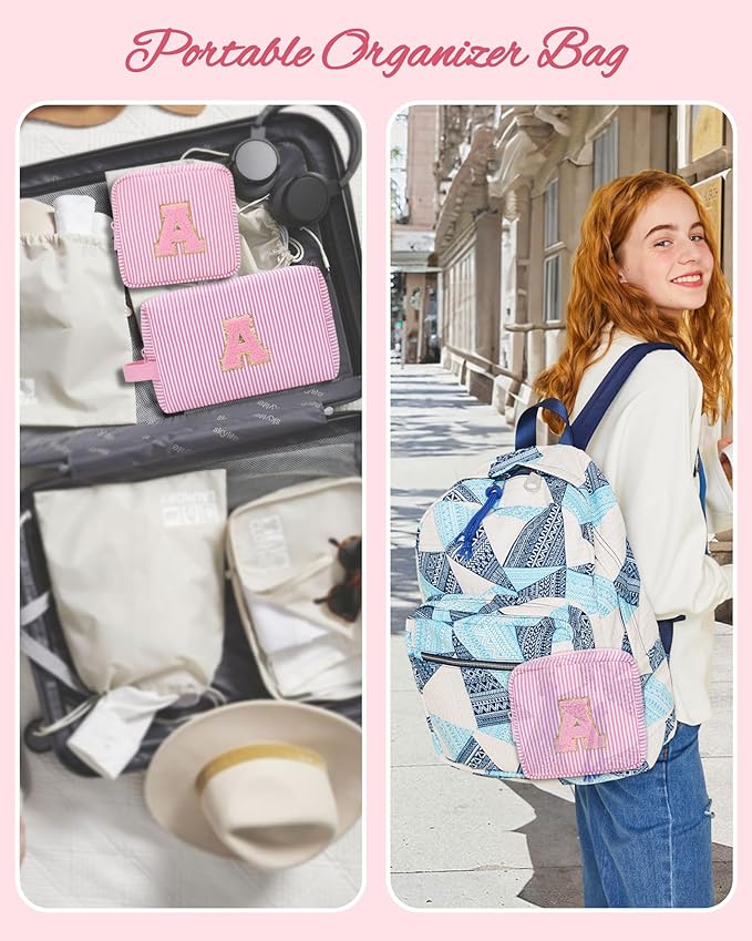 MONSTINA Initial Makeup Bag Set for Girls&Women,Personalized Make Up Case for Girlfriend Graduation Teacher Gifts,Cute Toiletry Bag Preppy Chenille Letter Patch,Pink A