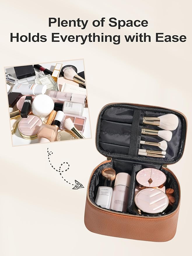 Cosmetic Bag,ROWNYEON Makeup Bag,Portable Makeup Train Case,Travel Toiletry Bag Case Organizer for Women,Brown