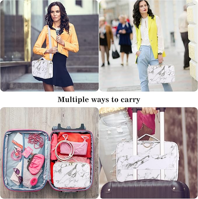 JOURMON Travel Makeup Case 3 Layers Makeup Train Case Marble Makeup Bag Organizer Portable Artist Storage Bag with Adjustable Dividers and Shoulder Strap (Marble white)