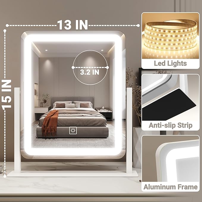 FENNIO Vanity Mirror with Lights - 15"x13" LED Lighted Makeup Mirror, Makeup Mirror with Lights, Touch Screen with 3-Color Lighting, Dimmable,10X Magnification Mirror for Vanity Desk Tabletop