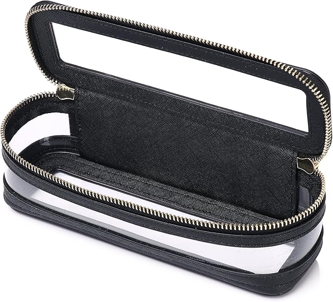 Pinkmik Makeup Brush Case Clear Travel Cosmetic & Toiletry Bag Slim Makeup Bag with Zipper Small Purse Organizer Car Essential Bag for Women (Black, SLIM-1)