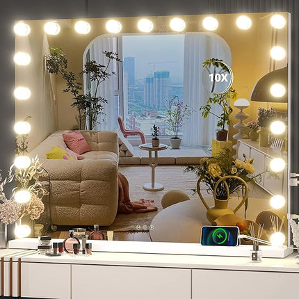 Hasipu Vanity Mirror with Lights, 40" x 29" Hollywood Mirror with 21 Dimmable Bulbs and 10X Magnification, 3 Colors Modes, Touch Control, USB Charging Port, Type-C, Tempered Glass (Square White)