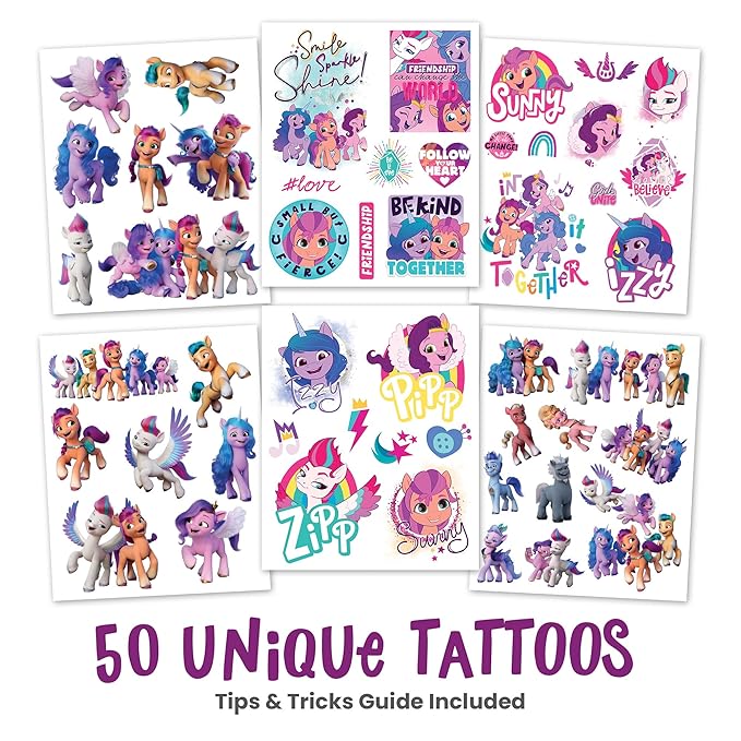 Savvi - 50 My Little Pony Temporary Tattoos: Skin-Safe Ink, Great for Birthday Parties, Gifts for Boys and Girls Ages 4-12+, Made in the USA [6 sheets, 50 count]