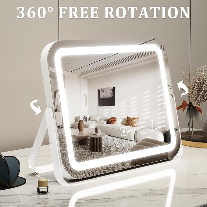 14x10 Inch Lighted Makeup Mirror with 10X Magnification - 3 Mode Dimmable LED & Smart Touch Control - Vanity Mirror with Lights for Desk (White)