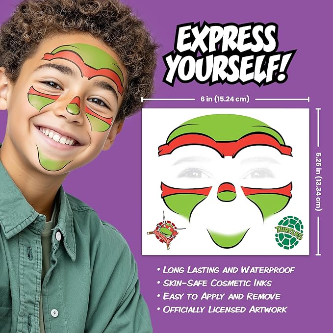 Teenage Mutant Ninja Turtles Costume Face Tattoos – Temporary Tattoo Set for Kids Featuring Leonardo, Donatello, Michelangelo & Raphael, Easy Halloween Costume Accessory, Non-Toxic & Skin-Safe