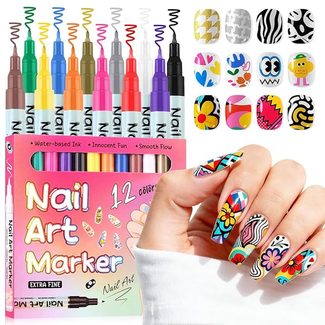 Kalolary 12 Color 3D Nail Art Pens Set, 0.5MM Fine Tip Nail Polish Pens Acrylic Paint Pen Nail Art Markers Quick-Drying Nail Art Tools for Dotting Drawing Painting DIY Nail Art Beauty Manicure(C)