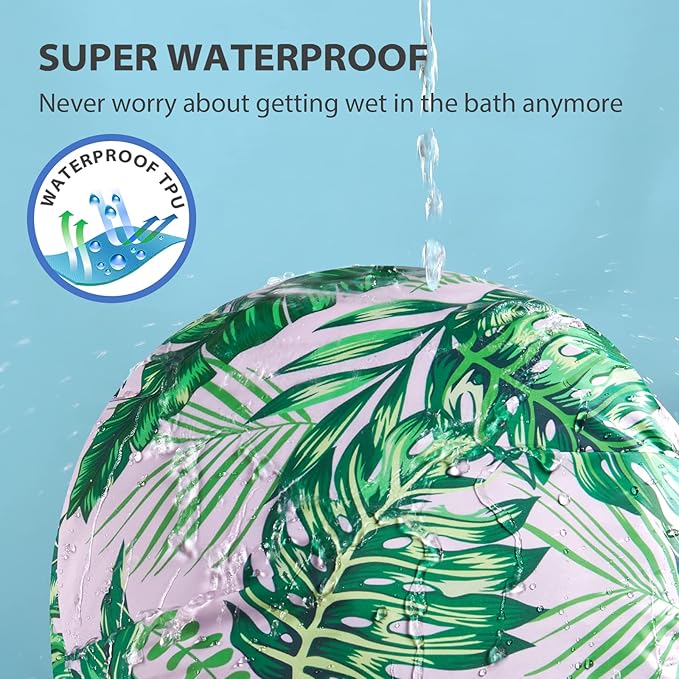 INNELO Luxury Shower Cap for Women Reusable Waterproof, Double Layered Shower Hair Cap with Adjustable Elastic Strap, Large Satin Lined Shower Bath Cap for Long Curly Straight Hair, Palm leaves