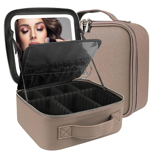 MOMIRA Travel Makeup Bag Cosmetic Bag Makeup Organizer Bag with Lighted Mirror, Adjustable Brightness in 3 Color Scenarios, Waterproof Makeup Train Case, Gift for Women - Deep Apricot