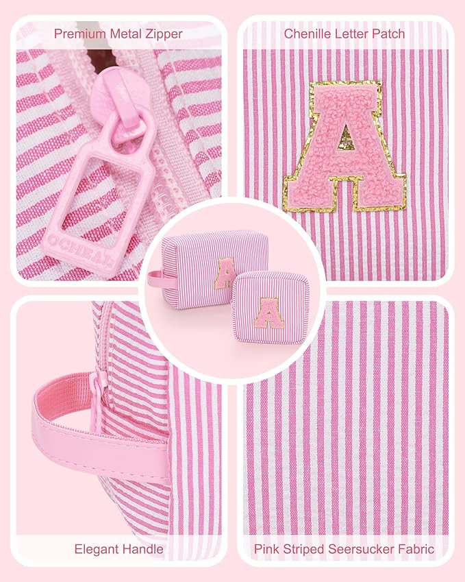 MONSTINA Personalized Initial Makeup Bag for Women,Make Up Case for Girlfriend Bridesmaid Wife,Birthday Gift for Her Cute Toiletry Bag,2PCS,Pink L