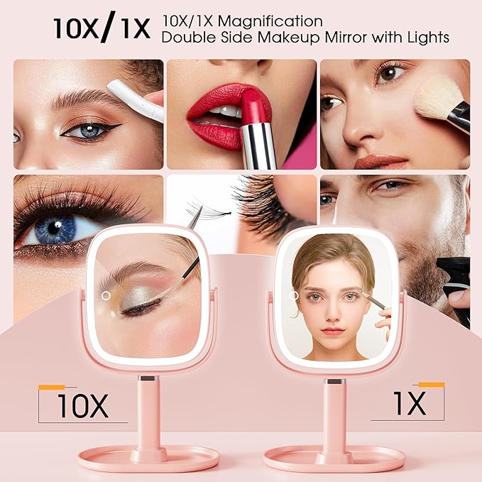 Makeup Mirror with Lights - 10x/1x Magnifying Mirror with Light, Rechargeable Desk Mirror with 3-Color Lighting & Memory Function, 360° Adjustable Table Mirror, Gift for Women (Pink)
