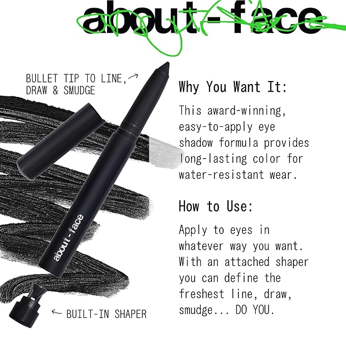 about-face Shadowstick – Long-Wear Cream Eyeshadow Stick – Matte & Pearly Finishes – Vegan, Cruelty-Free, Clean Beauty – 0.049 oz (Kill The Lights- Matte Black)
