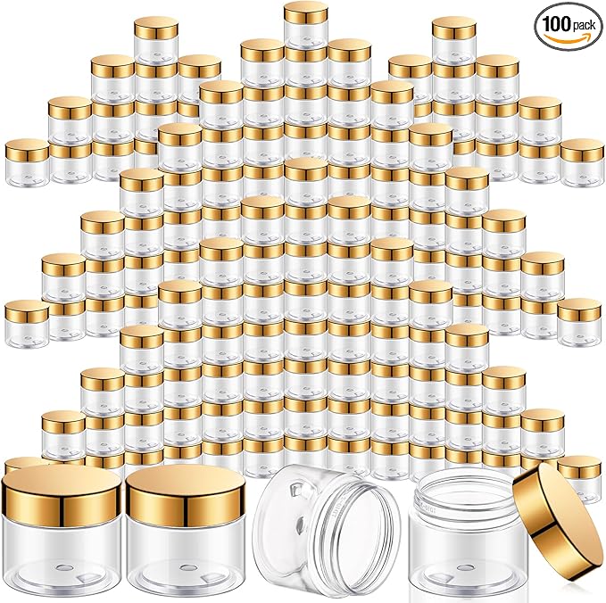 SATINIOR 100 Pcs Plastic Jars with Lids Small Containers Lids Wide Mouth Small Plastic Containers for Lotion Cream Rhinestones Body Butters Travel Storage(4 oz,Gold)