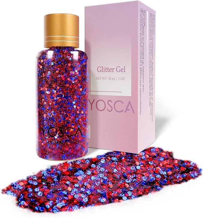 Yosca Independence Day Body Glitter Gel, 30ML Red White Blue Chunky Face Glitter, Cosmetic Patriotic Glitter Hair Glitter for Memorial Day 4th of July Independence Day Flag Makeup Rave Accessories
