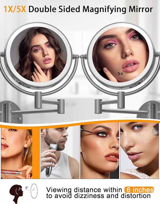 Wall Mounted Lighted Makeup Mirror with Magnification 5X, Rechargeable Magnifying Shaving Cosmetic Mirror with Extendable Swing Arm for Bathroom, Touch Stepless Dimming, Chrome