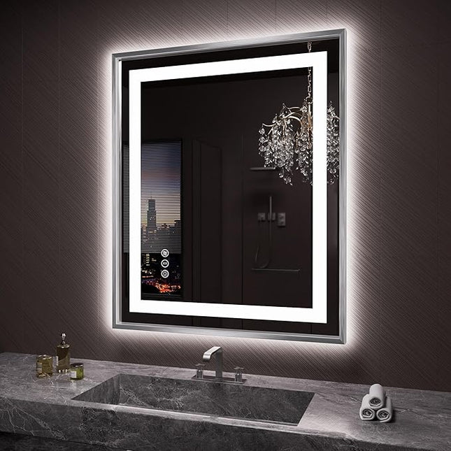 Amorho 36"x 30" LED Bathroom Mirror, Brushed Nickel Framed Mirror with Front Light and Backlit, Stepless Dimmable, Anti-Fog, Shatter-Proof, Memory, 3 Colors