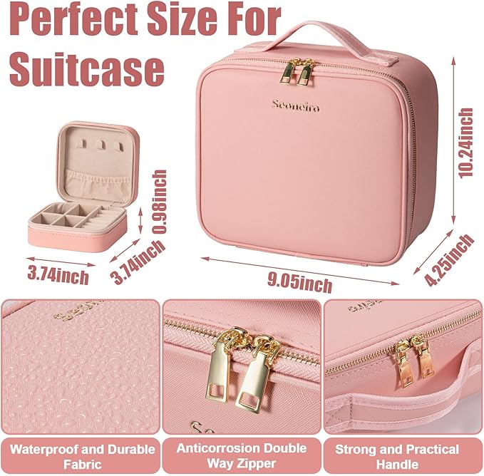 Seoneiro Makeup Travel Bag with LED Lighted Mirror Adjustable Brightness Portable Waterproof Makeup Case with Adjustable Dividers, Make up Train Case Organizer Makeup Brush Accessories and Tool Case