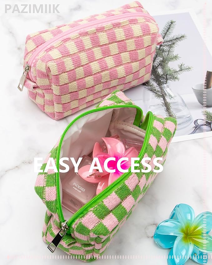 PAZIMIIK Checkered Makeup Bag for Purse Portable Zipper Make Up Pouch Small Cosmetic Case for Travel Accessories Pink Green
