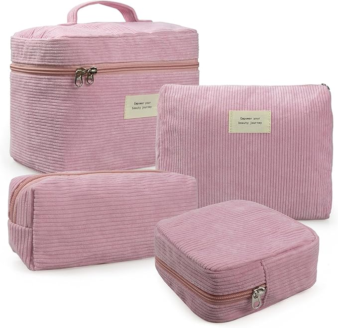 4 Pcs Makeup Bag for Women Corduroy Cosmetic Bag Aesthetic Cute Bags Multi Size Purse Pouch Travel Toiletry Bag Set Makeup Organizer with Zipper(Pink)