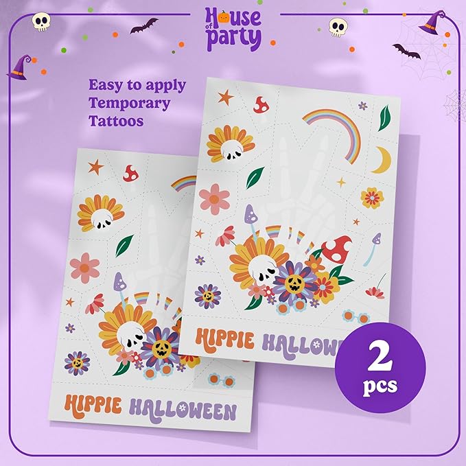 HOUSE OF PARTY Halloween Temporary Tattoos for Kids - Pack of 44 - Hippie Temporary Tattoos - Non-Toxic Waterproof Stickers for Adults and Women - Ideal for Halloween Party Favors and Decorations!