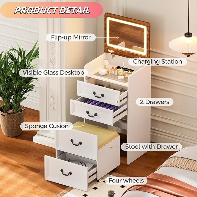Makeup Vanity, 3-in-1 Vanity with Flip-Top Mirror, Visible Glass Desktop & 3-Color Lighting, 20'' Intelligent Makeup Desk with USB Charging Station & Hidden Storage Stool for Bedroom, White