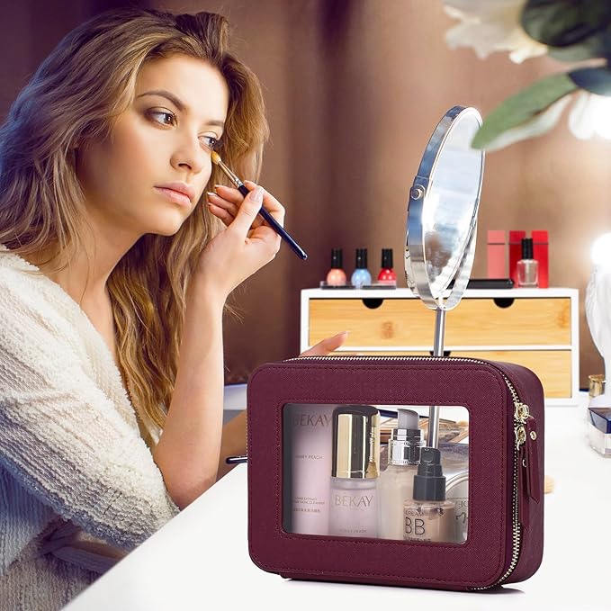 Pinkmik Clear Makeup Bag for Women Waterproof Travel Cosmetics and Toiletries Case Portable Makeup Oaganizer Bag Clear Car Bag with Zipper (X/Burgundy, M)