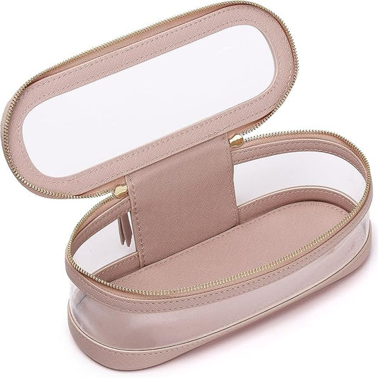 Pinkmik Makeup Brush Case Clear Travel Cosmetic & Toiletry Bag Slim Makeup Bag with Zipper Small Purse Organizer Car Essential Bag for Women (Pink, SLIM-2)
