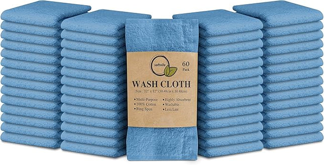 Softolle 100% Cotton Washcloths (12x12 Inches) Soft, Highly Absorbent Washcloth, Face Towels, Wash Cloths for Face, Ring Spun, Bulk Pack (Sky Blue, 60 Pack)