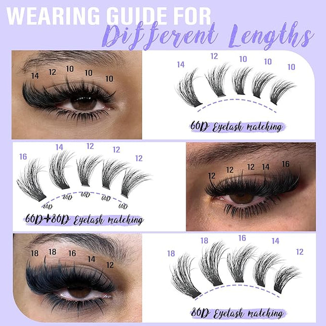 Lash Clusters Kit Gift Packs Fluffy 60D 80D Individual Lashes D Curl Cluster Eyelash Extensions DIY Lash Extension Kit 480Pcs with Lash Bond and Seal Waterproof, Lash Applicator, False Eyelashes Kit