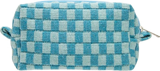 PAZIMIIK Checkered Makeup Bag for Purse Portable Zipper Make Up Pouch Small Cosmetic Case for Travel Accessories Lake Blue