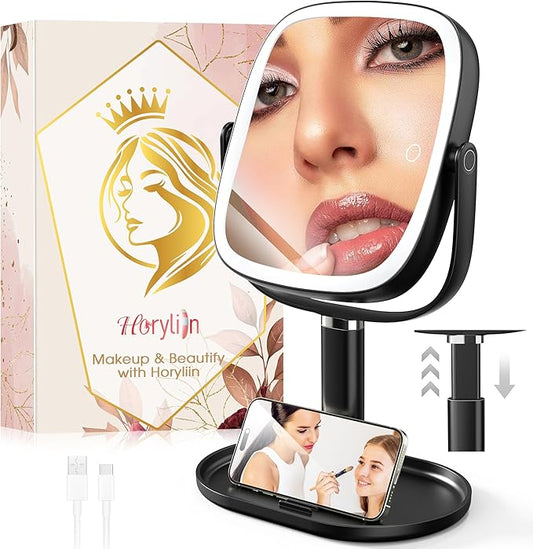 Makeup Mirror with Lights - 10x/1x Magnifying Mirror with Light, Rechargeable Desk Mirror with 3-Color Lighting & Memory Function, 360° Adjustable Table Mirror, Gift for Women (Black)