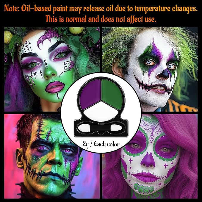 White Green Purple Face Body Paint with Applicator, Oil Based Face Painting Kit for Halloween Dark Fairy, Evil Queen Makeup, Facepaints for Witch Monster Costume, Cosplay, Dress Up