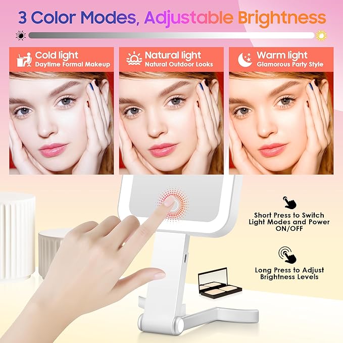 Magnifying Travel Mirror with Light, 30X/1X Double-Sided Magnifying Mirror with 3 Color Lights, Brightness Adjustable, Foldable Handheld Makeup Mirrors Portable for Travel and Desktop Use